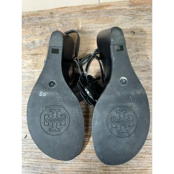 TORY BURCH Reva Logo Flower Blossom Logo Thong Wedge Sandals Breely 8 - Picture 8 of 10